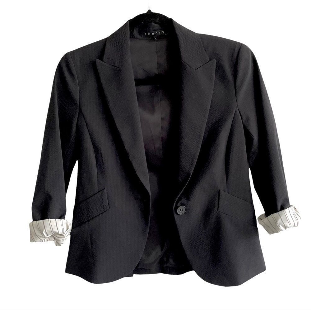 THEORY Black With Black Pinstripe Button Front Wool Blend Blazer Roll Sleeves 2